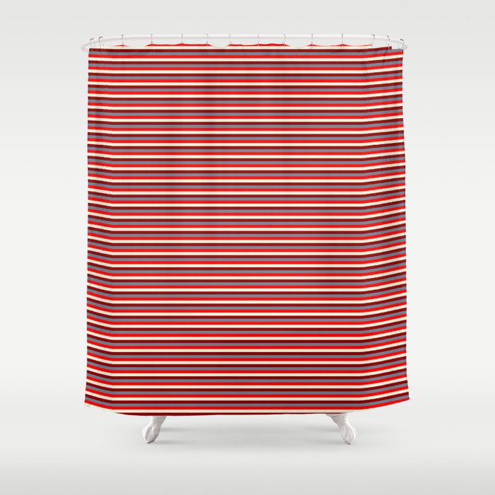 Red, Beige, Dark Red, and Slate Gray Colored Striped Pattern Shower Curtain