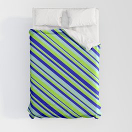[ Thumbnail: Turquoise, Light Green, and Blue Colored Stripes Pattern Duvet Cover ]