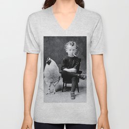 Smoking Boy with Chicken black and white photograph - photography - photographs V Neck T Shirt