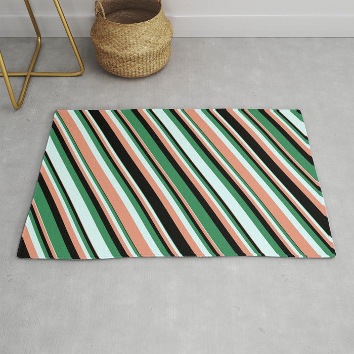 Sea Green, Light Cyan, Dark Salmon, and Black Colored Striped/Lined Pattern Rug