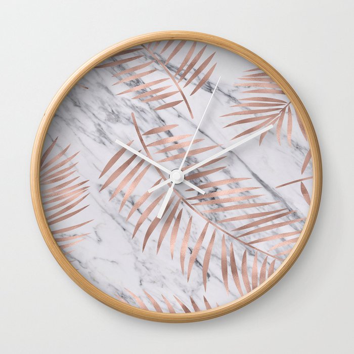 Rose gold palm fronds on marble Wall Clock
