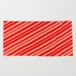 [ Thumbnail: Dark Salmon & Red Colored Striped Pattern Beach Towel ]