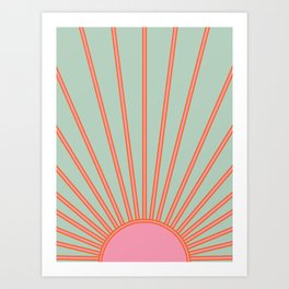 Sun Print Sunrise Sunshine Aqua Teal Pink Retro Sun Wall Art Vintage Boho Abstract Modern Decor Art Print