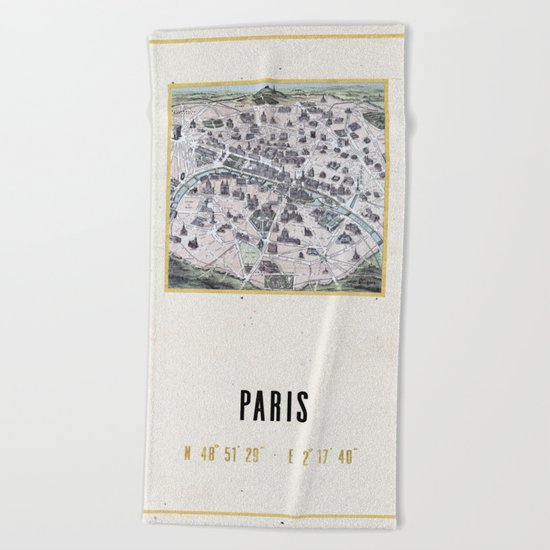 Vintage Paris Gold Foil Location Coordinates with historical map Beach Towel