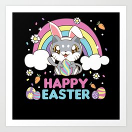 Happy Easter Cute Cat As Easter Bunny For Kids Art Print