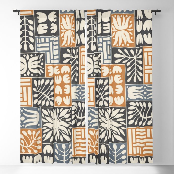 Stylized Floral Patchwork in Rumba Orange, Spade Black and Slate Gray Color Blackout Curtain