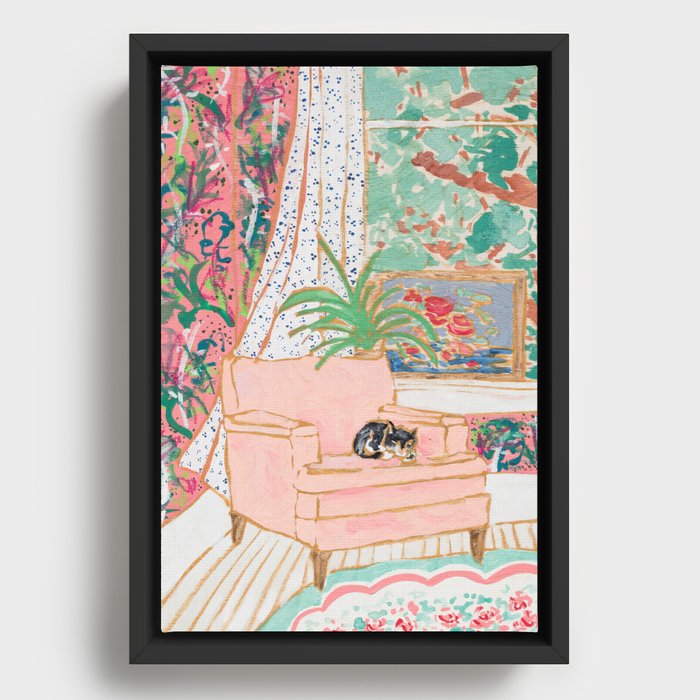 Catnap - Tuxedo Cat Napping in Chair by the Window Framed Canvas