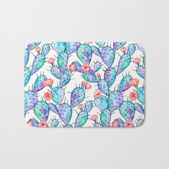 Rainbow Watercolor Cactus Pattern Bath Mat