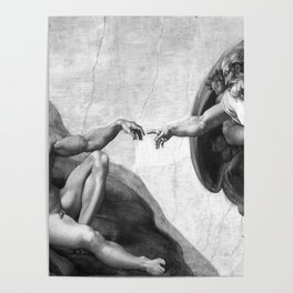 Black and White Creation of Adam Painting by Michelangelo Sistine Chapel Poster