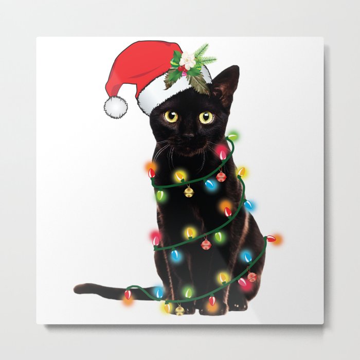 Santa Black Cat Tangled Up In Lights Christmas Santa Graphic Metal Print