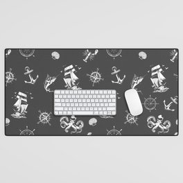 Dark Grey And White Silhouettes Of Vintage Nautical Pattern Desk Mat