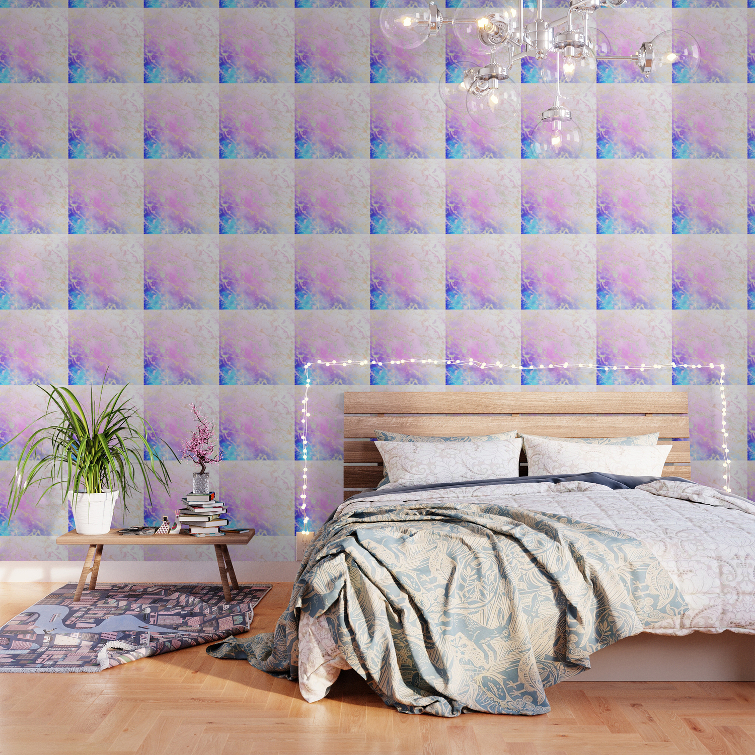 Modern Rainbow Glitter Marble On Nebula Watercolor Ombre Wallpaper