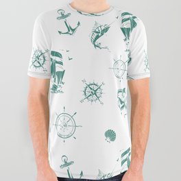 Green Blue Silhouettes Of Vintage Nautical Pattern All Over Graphic Tee