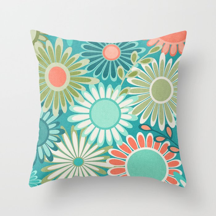 Caribbean Retro Flower Pattern // MCM Floral // Caribbean Blue, Ocean Blue, Turquoise, Aqua, Coral, Green, Rose Pink, Ivory Throw Pillow