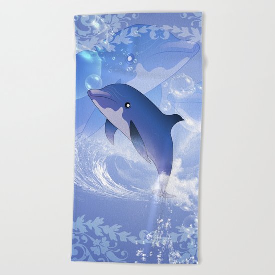 Funny cartoon dolphin Beach Towel