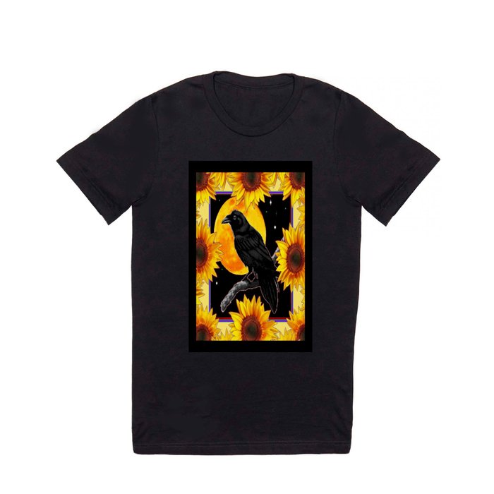 Black Surreal Crow Full Moon Sunflowers Fantasy Art T Shirt