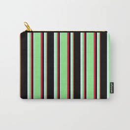 [ Thumbnail: Crimson, Light Green, Light Cyan, and Black Colored Pattern of Stripes Carry-All Pouch ]