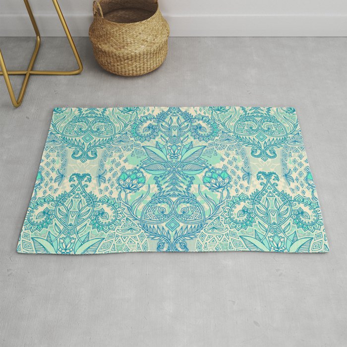 Botanical Geometry - nature pattern in blue, mint green & cream Rug by ...