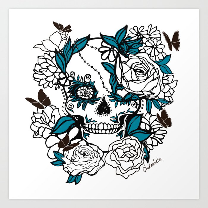 Skull Line Drawing with Butterflies and Flowers in Blue and Black Art Print