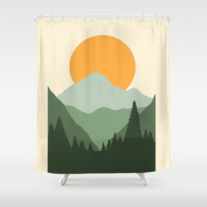 Green Mountain Forest Sunrise Shower Curtain