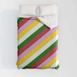[ Thumbnail: Colorful Dark Green, Red, Plum, Yellow, and Mint Cream Colored Lined Pattern Duvet Cover ]