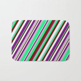 [ Thumbnail: Vibrant Green, Maroon, Light Cyan, Purple, and Grey Colored Lines Pattern Bath Mat ]