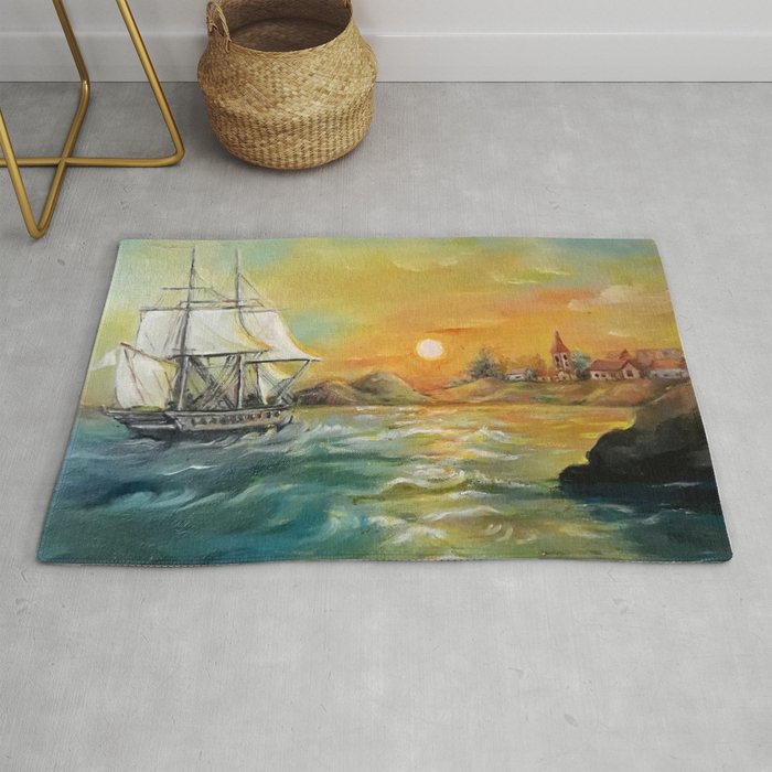 Vintage boath at the harbor painting Rug
