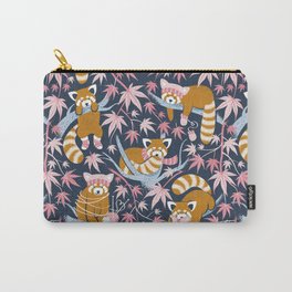 Red panda blending with the foliage // navy background desert sun brown cozy animals fog blue tree branches cotton candy and carissma pink acer leaves Carry-All Pouch | Endangeredspecies, Fall, Leaf, Redpanda, Acertree, Cozy, Digital, Selmacardoso, Christmas, Beanies 