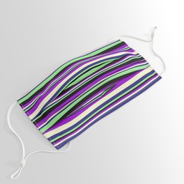[ Thumbnail: Dark Violet, Light Yellow, Midnight Blue, Light Green, and Black Colored Lined/Striped Pattern Face Mask ]