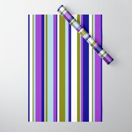 [ Thumbnail: Eyecatching Green, Light Blue, Dark Orchid, Dark Blue, and White Colored Lined/Striped Pattern Wrapping Paper ]