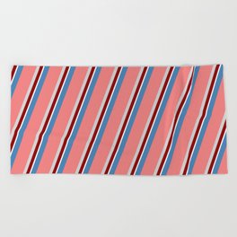 [ Thumbnail: Eyecatching Blue, Light Coral, Light Grey, Dark Red, and White Colored Stripes Pattern Beach Towel ]