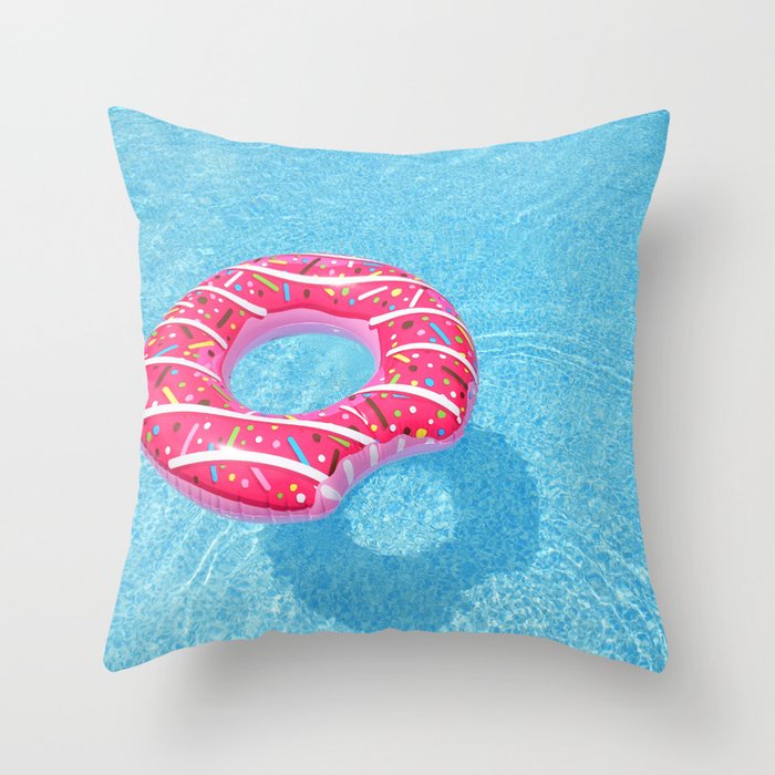 Pink Doughnut Float In A Blue Swimming Pool Throw Pillow By
