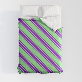 [ Thumbnail: Light Green & Dark Violet Colored Lines/Stripes Pattern Comforter ]