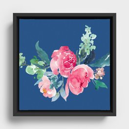 Blue and Pink Peony Watercolor Framed Canvas