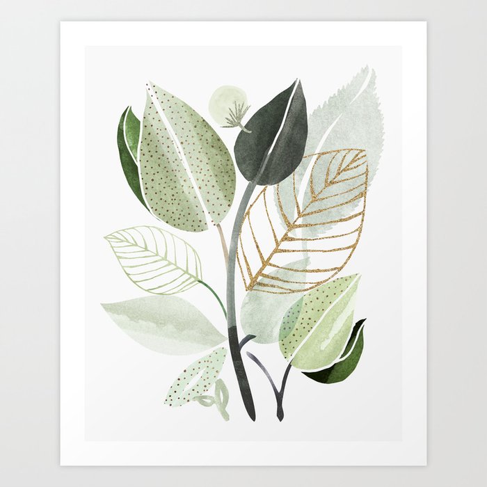 Forest Bouquet - Green Leaves Watercolor Art Print