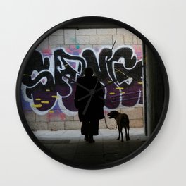Woman and dog, graffiti Wall Clock