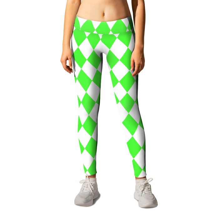Bright Neon Green and White Harlequin Diamond Check Leggings by