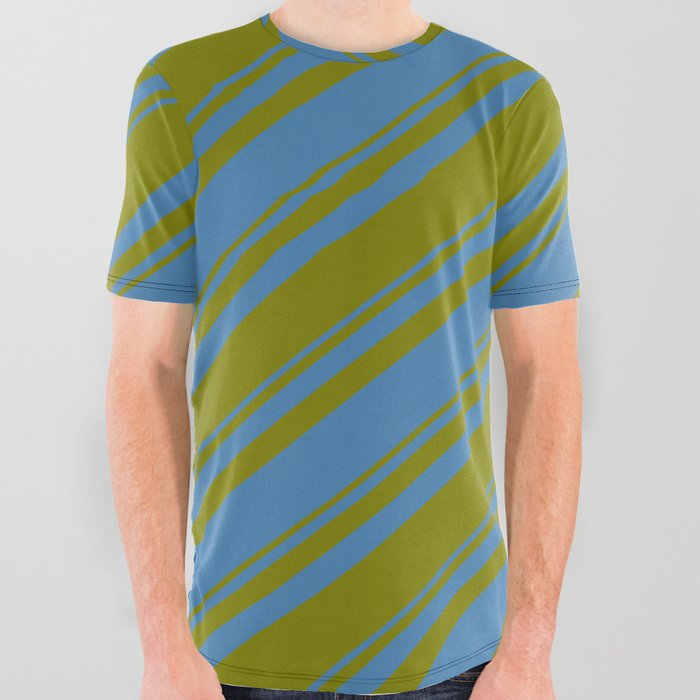 Blue and Green Colored Striped Pattern All Over Graphic Tee
