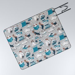 Life is better with books a hot drink and a friend // grey background brown white and blue beagles and cats and turquoise cozy details Picnic Blanket