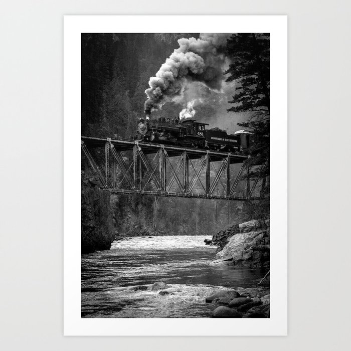 Steam Engine on a trestle river black and white photograph / art photography  Art Print