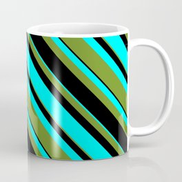 [ Thumbnail: Green, Black, and Aqua Colored Lined Pattern Coffee Mug ]