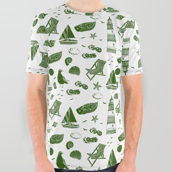 Green Summer Beach Elements Pattern All Over Graphic Tee