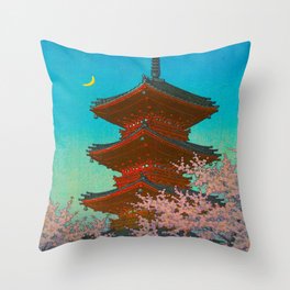 Vintage Japanese Woodblock Print Pastel Colors Blue pink Teal Shinto Shrine Cherry Blossom Tree Throw Pillow