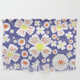 Retro Yellow Daisy Flowers on Periwinkle Wall Hanging