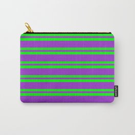 [ Thumbnail: Lime & Dark Orchid Colored Stripes Pattern Carry-All Pouch ]