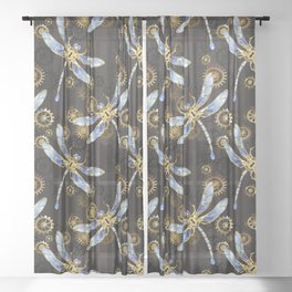 Steampunk Seamless with Mechanical Dragonflies Sheer Curtain