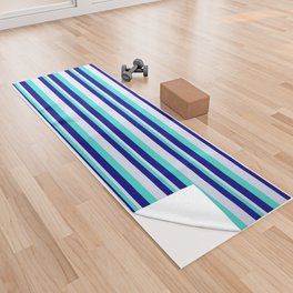 [ Thumbnail: Turquoise, Blue, and Lavender Colored Lined Pattern Yoga Towel ]