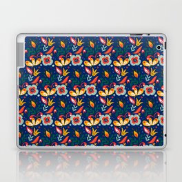 Colorful Floral Pattern On Blue Background Laptop Skin