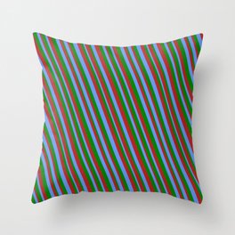 [ Thumbnail: Cornflower Blue, Green & Red Colored Stripes Pattern Throw Pillow ]