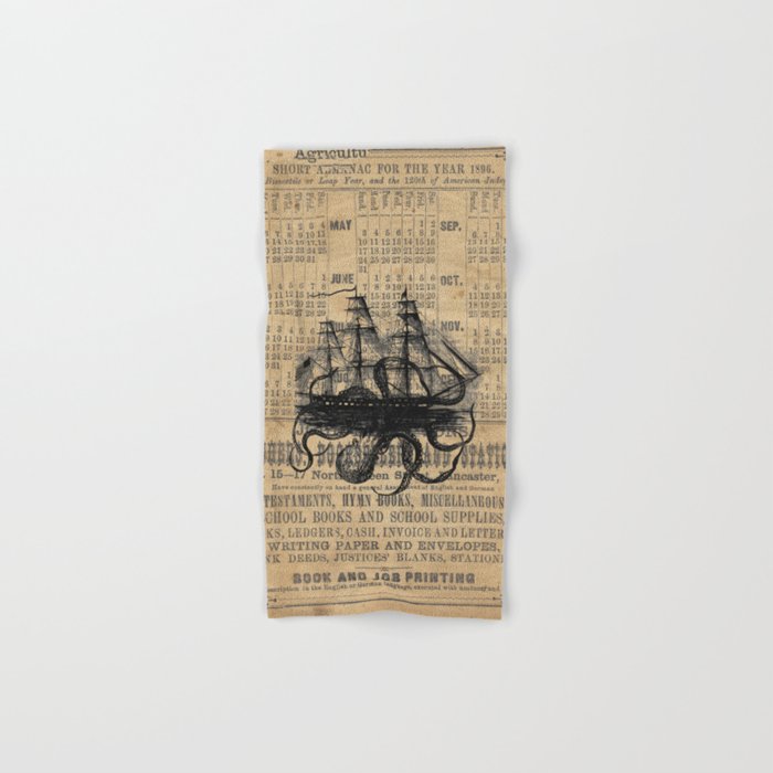 Octopus Kraken attacking Ship Antique Almanac Paper Hand & Bath Towel